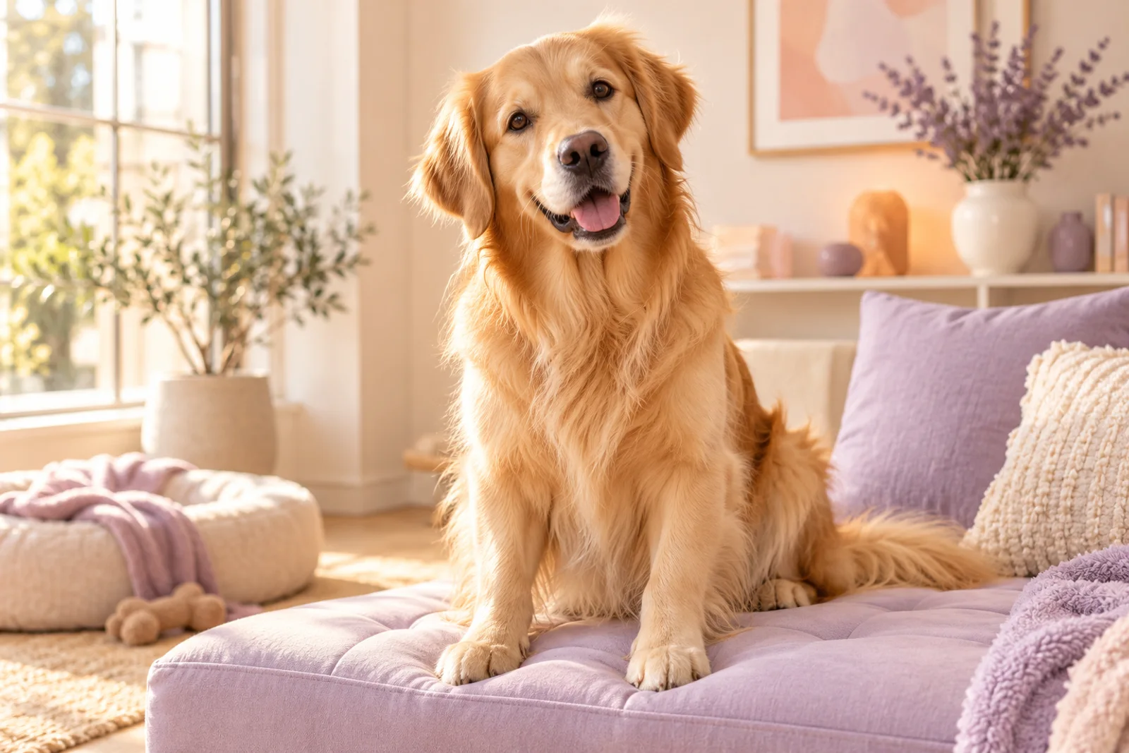 Golden retriever na miękkim posłaniu w spokojnym jasnym wnętrzu Golden retriever na miękkim posłaniu w spokojnym jasnym wnętrzu