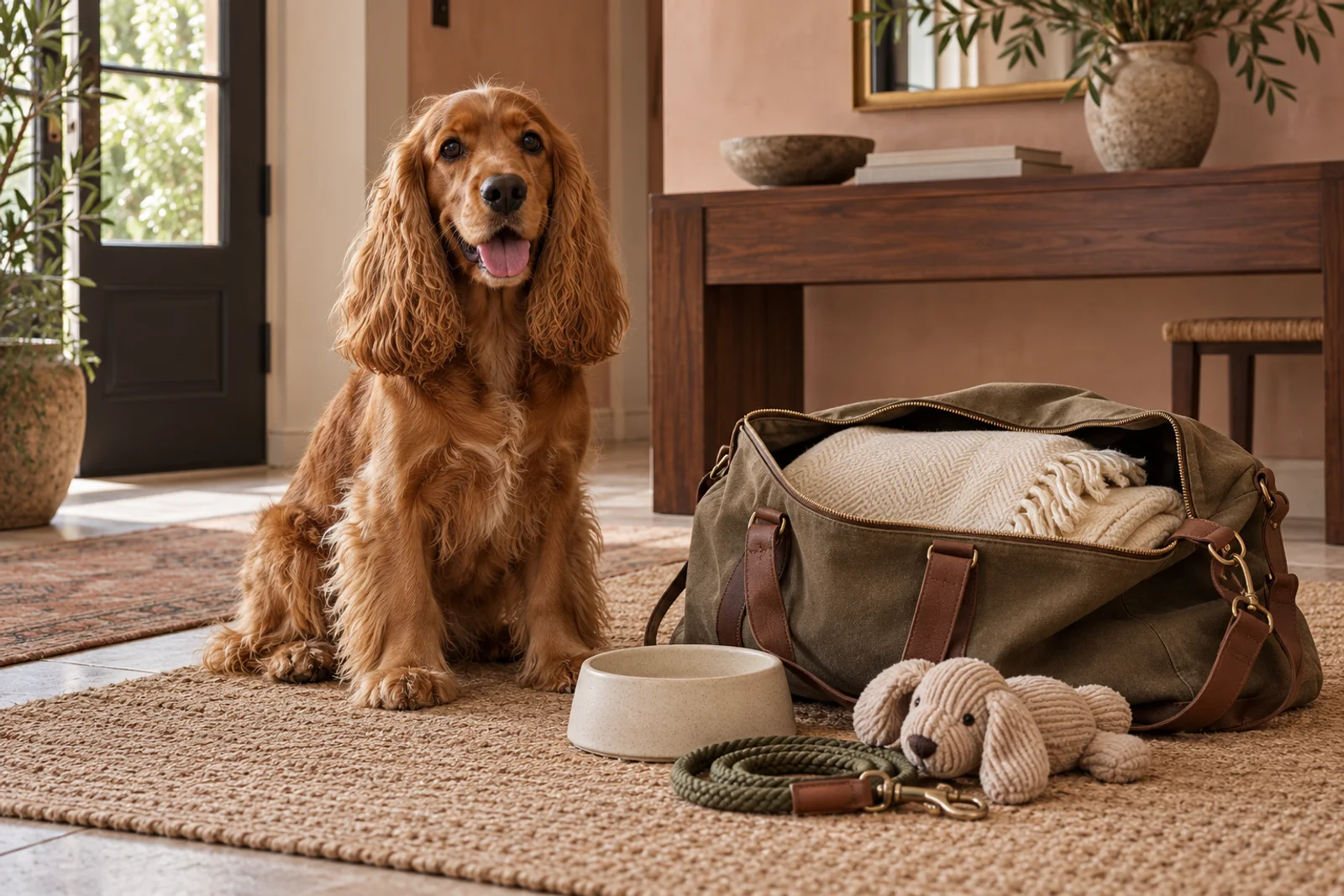 Cocker spaniel obok torby z kocem i akcesoriami przygotowanymi przed wizytą